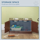 Raised dog feeding station with dog bowls